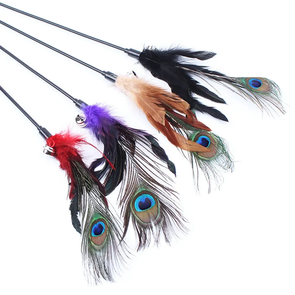 Pet Cat Toy Colorful Feather Rod Teaser Wand Kitten Pet Teaser Peacock Feather Interactive Fun Toy Wire Chaser Wand For Cat Bugs