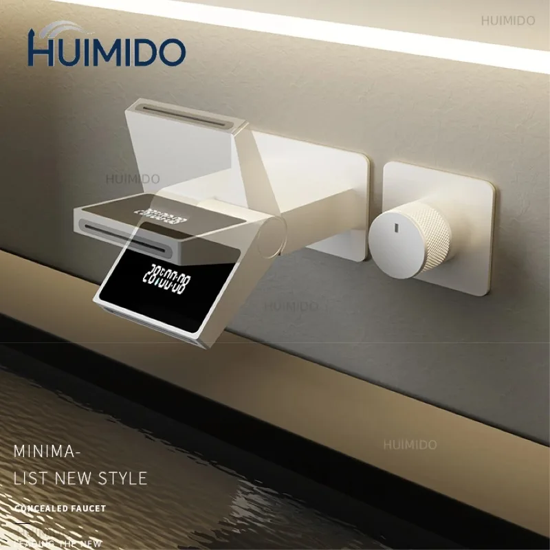 Gun Gray Brass Luxury Bathroom Faucet with Wall Mounted Design, Dual Hole Hot and Cold Water LED Digital Display Basin Mixer