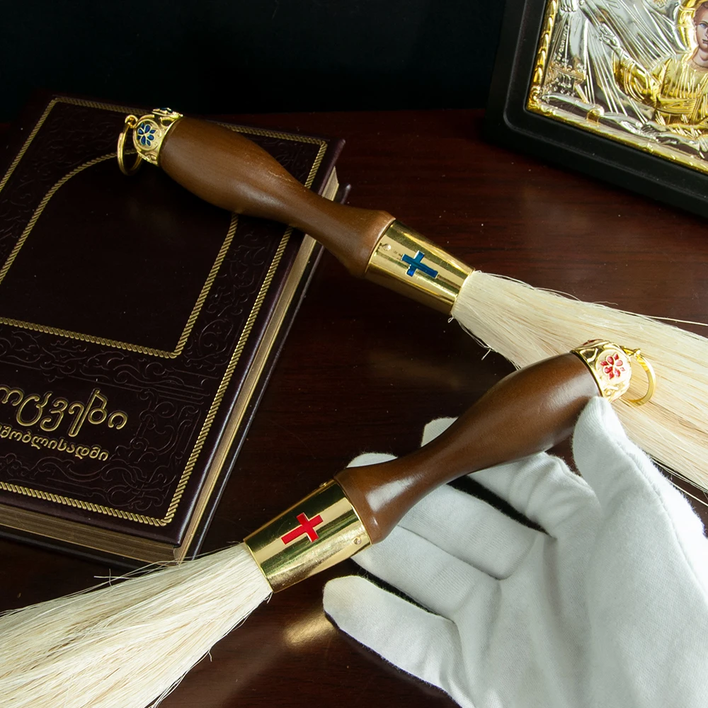 HTISOK Neue Orthodoxe Weihwasser-Sprühbürste mit Holzgriff, Synthetikwolle und Metallkreuz-Akzenten, 15 Zoll, für religiöse Zeremonien – Detail 2