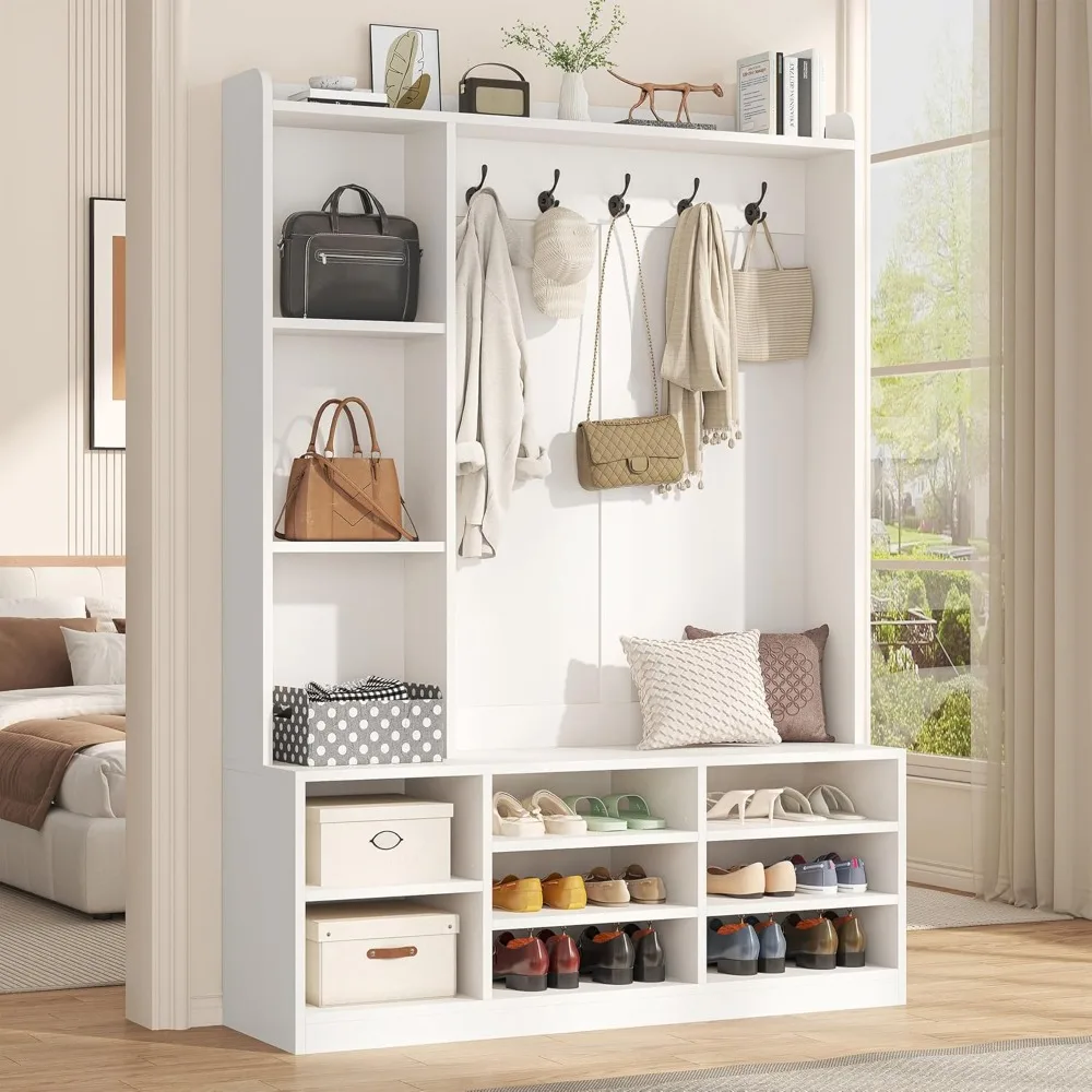 Multi-Functional White Storage Bench with Coat Rack, Shoe Storage, and Hanging Hooks for Entryway