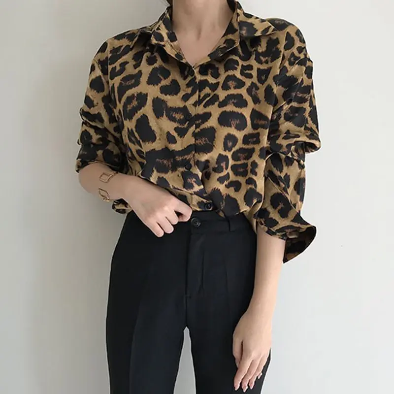 Fashion Artistic Retro Spring Summer New Blouses Women\'s Polo Collar Leopard Printed Loose Long Sleeve Single-breasted Shirts