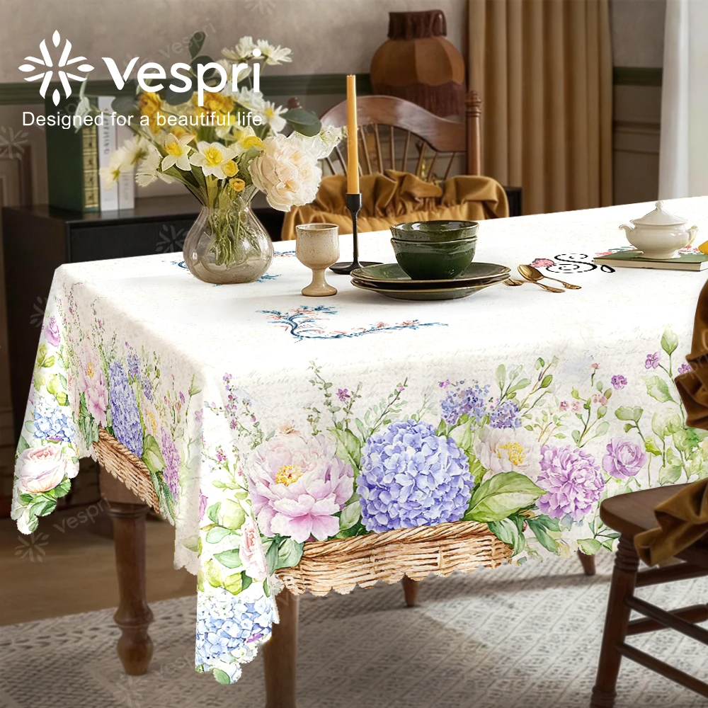Floral Tablecloth with Hydrangeas, Floral Bouquets, Roses for Indoor/Outdoor Camping decor, Rectangular/Round/Oval