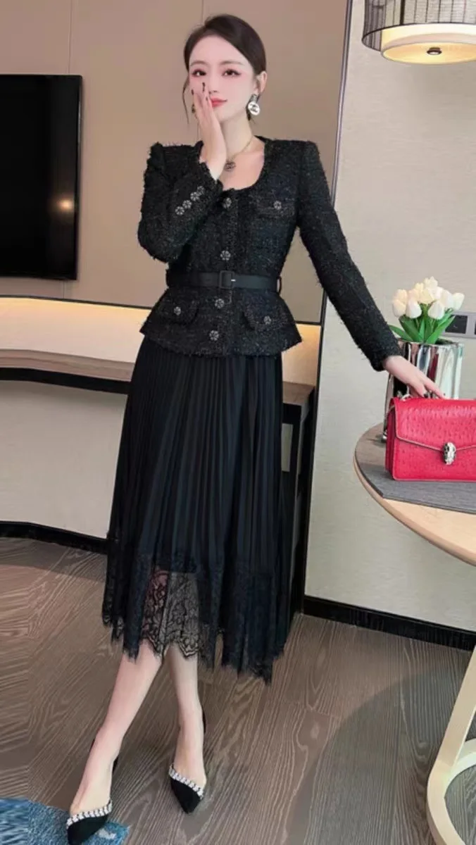 

Women's Long Dresses V-neck Buttons Waistband Spliced Autumn Ladies Elegant Long Sleeve Robe