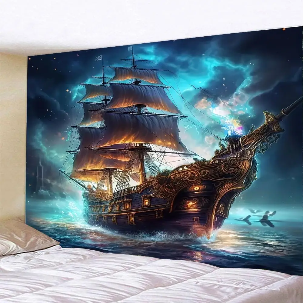 Ghost Sailboat Nautical Tapestry – Fantasy Pirate Ship Under Moonlit Waves for Bedroom, Living Room or Dorm Decor
