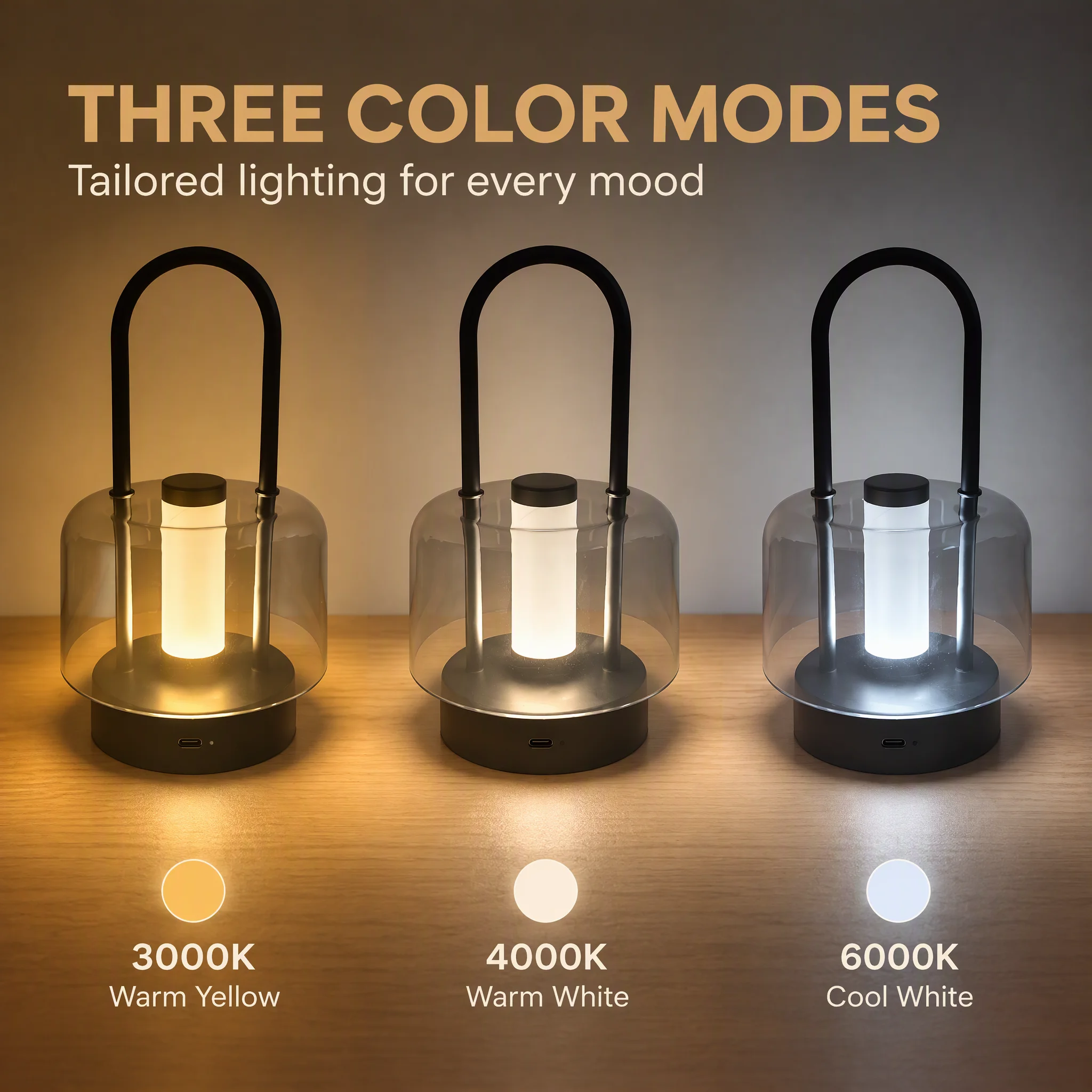 Rechargeable Portable Lantern Table Lamp, Touch Control 3 Color Modes Dimmable LED Night Light for Bedroom Patio Decor