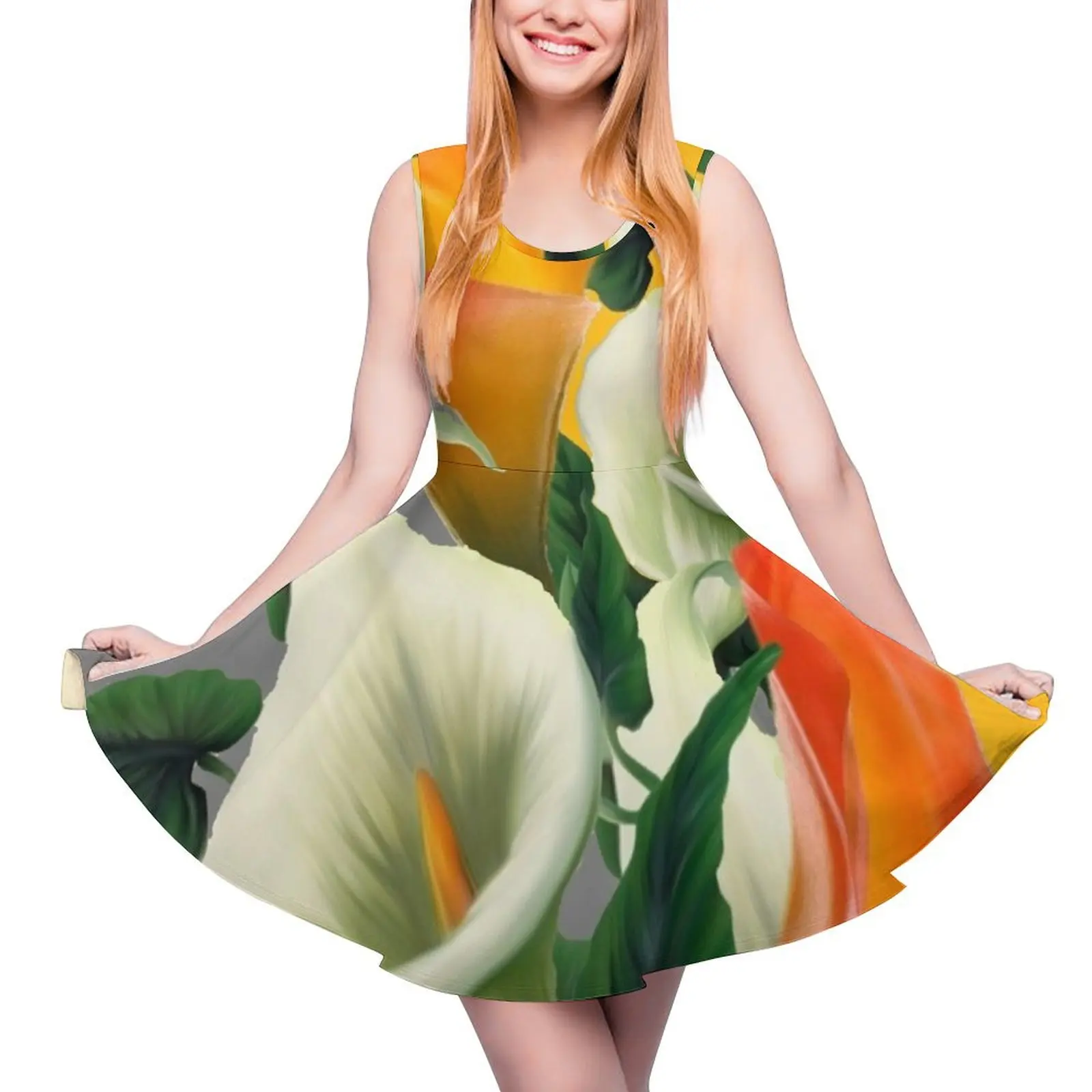 

WHITE-ORANGE CALLA LILIES GREY-GOLDEN GARDEN Sleeveless Dress Female dress wedding dresses for parties women dress beach