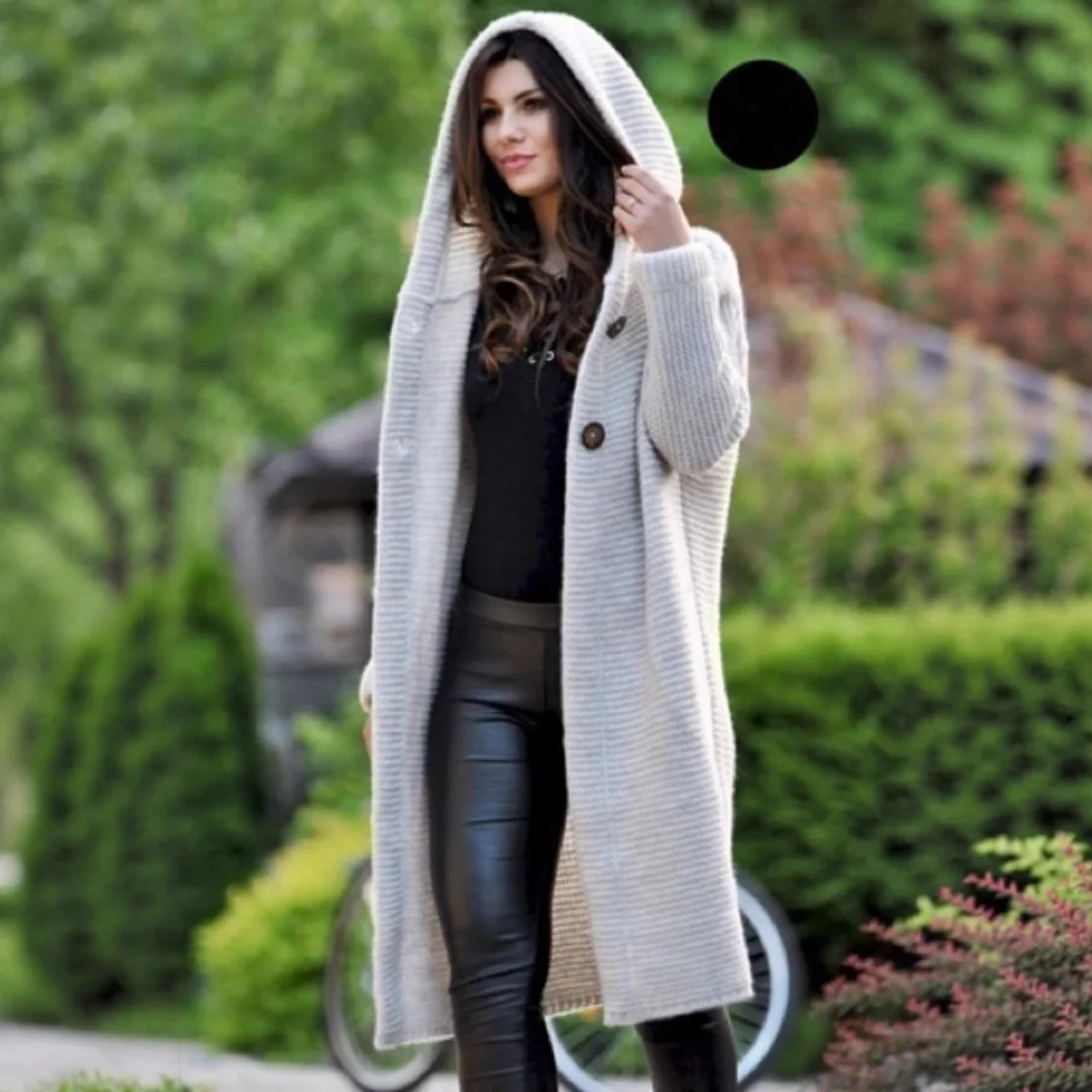 

Spring New Mid-Length Hooded Knit Cardigan Women's Comfortable Breathable Casual Sle Long Sve Sweater with Hood