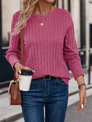 Solid color round neck ribbed t-shirt spring and autumn casual long-sleeved top women's