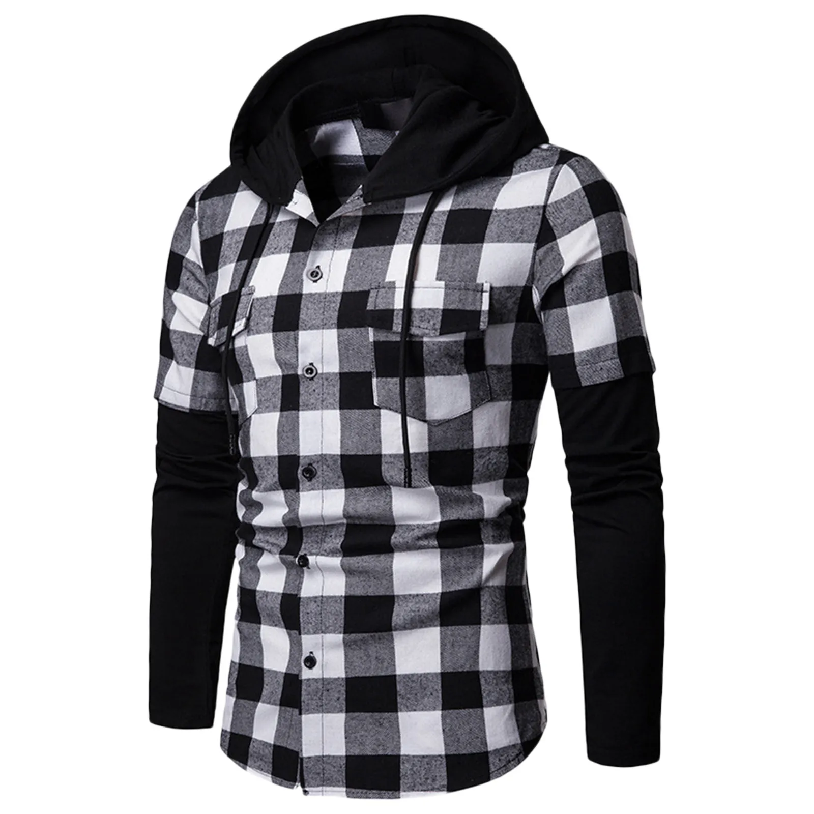 Men\'s Fashion Plaid Hooded Shirt Spring Autumn Casual Slim Fit Pockets Long Sleeve Top Lumberjack Check Shirt Jacket Clothes