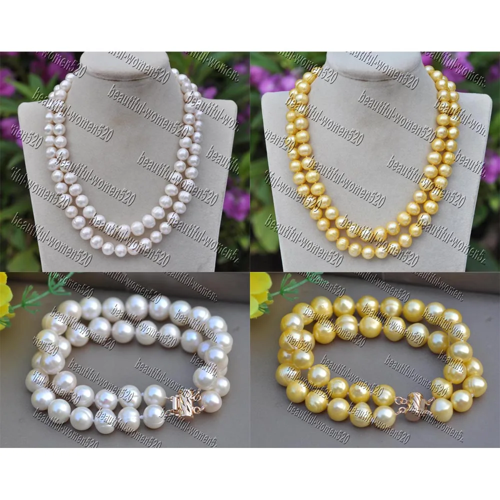 

Z11413 Set 2Row 11mm Round White Golden Yellow Freshwater Pearl Necklace Bracelet