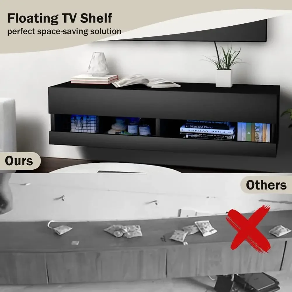 Floating TV Shelf Wall Mounted TV Stand, Floating Entertainment Center Under TV Shelf Floating Media Console with Storage Black image 3