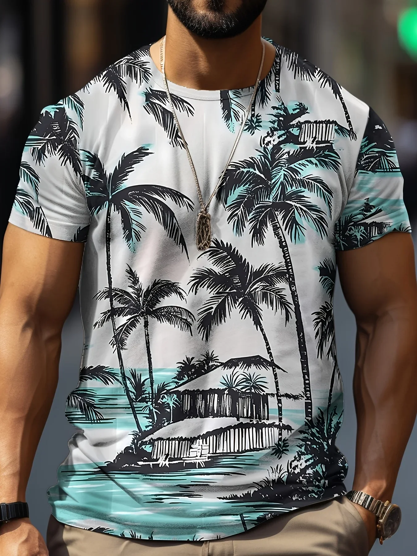 

2025 Summer leisure vacation seaside coconut tree T-shirt men fashion Quick Dry casual trendy round neck T-shirt