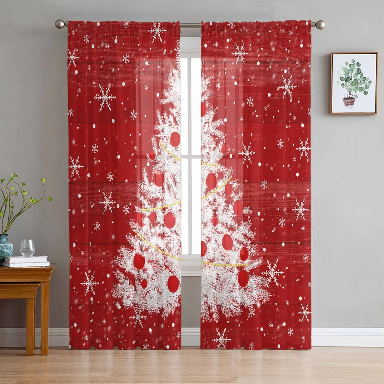 

Christmas Red Wood Grain Tree Snowflakes Window Treatment Tulle Modern Sheer Curtains for Kitchen Living Room Curtains Decor