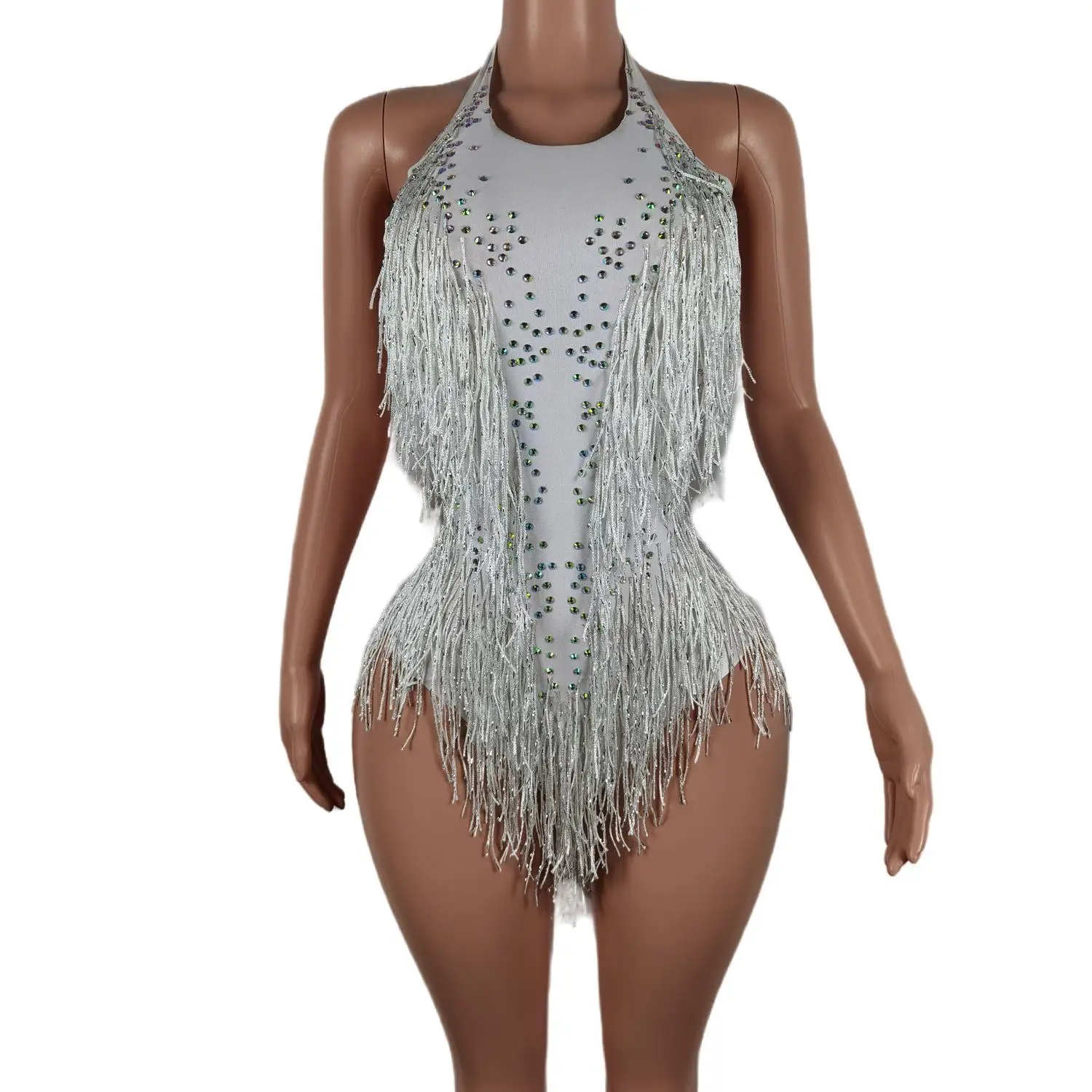 Sexy Women's White Rhinestones Costume Nigthclub Leotard Female Singer Show Wear Dance Outfit Rompers Stretch Bodysuit Liusu