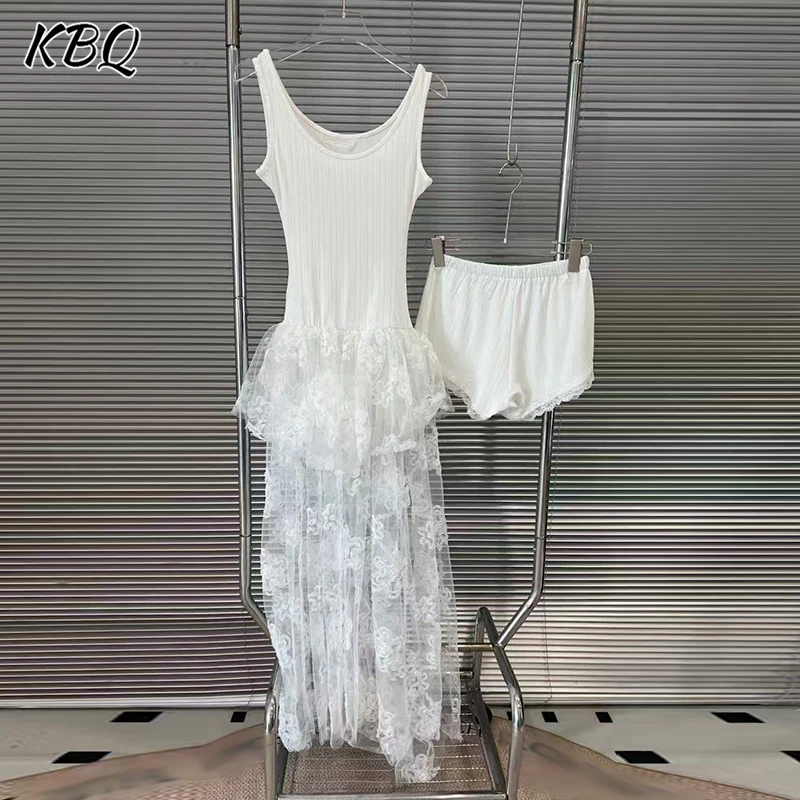 

KBQ Solid Spliced Lace Folds Elegant Chic Dresses for Women Round Neck Sleeveless High Waist Temperament Dress Female Fahion New