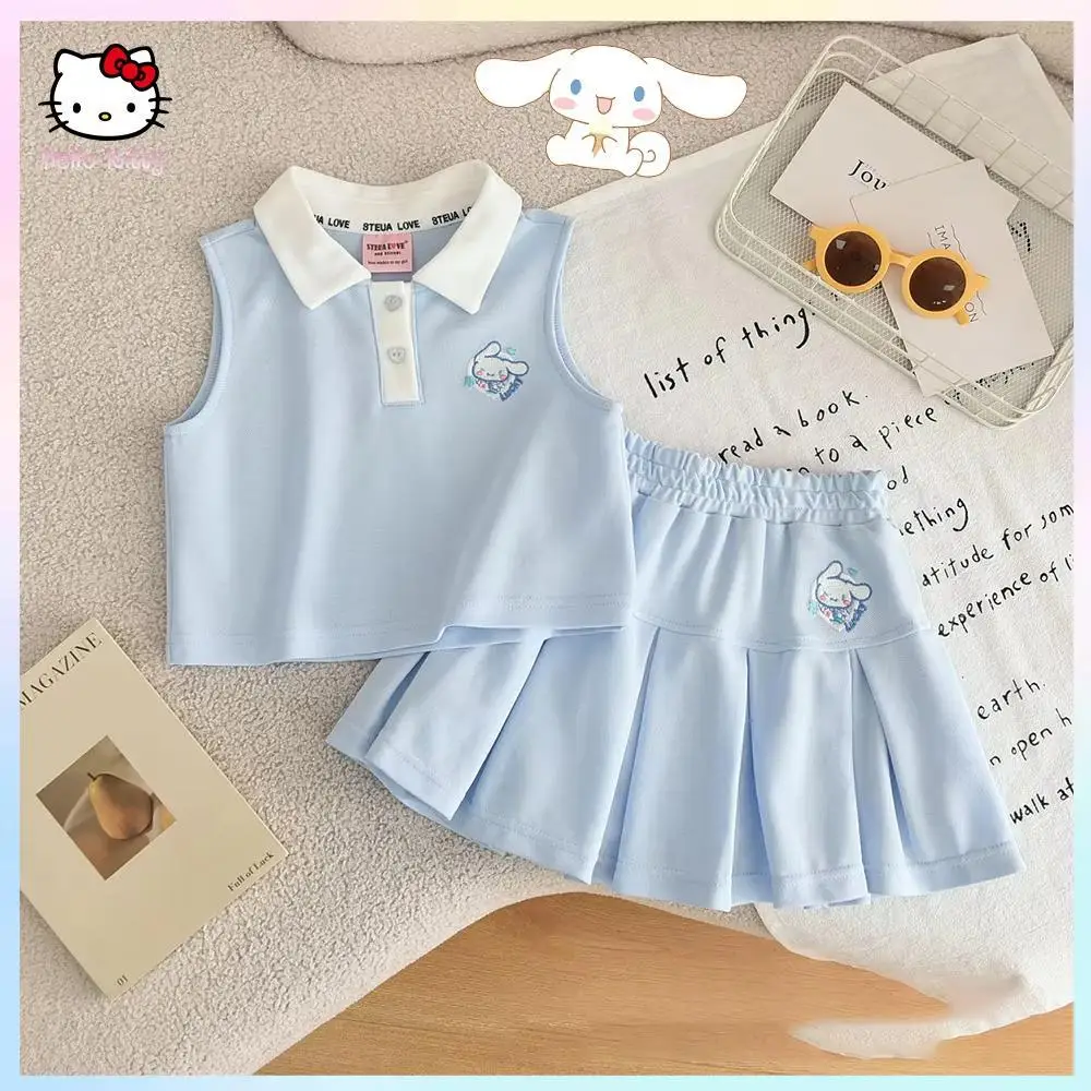 

Sanrio Anime Cinnamoroll Children Girl Summer New Polo T-Shirt Skirt Cute Princess Blue Sleeveless Sweet Fashion Short Skirt Set