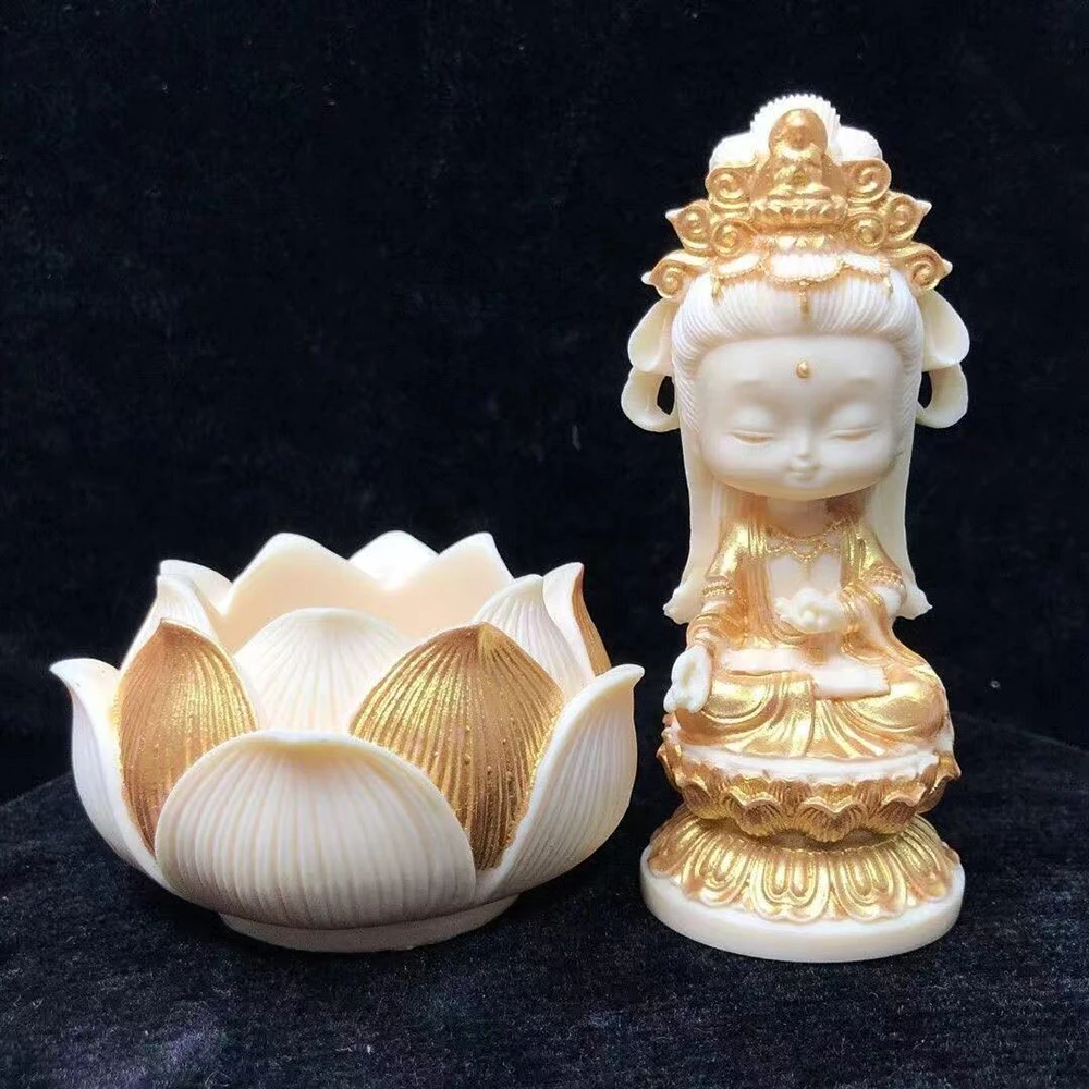 Cute Cartoon Guan Yin Statue, Small Ivory White Resin Goddess Figurine with Lotus Base, Feng Shui Zen Home Office Car DecorGifts