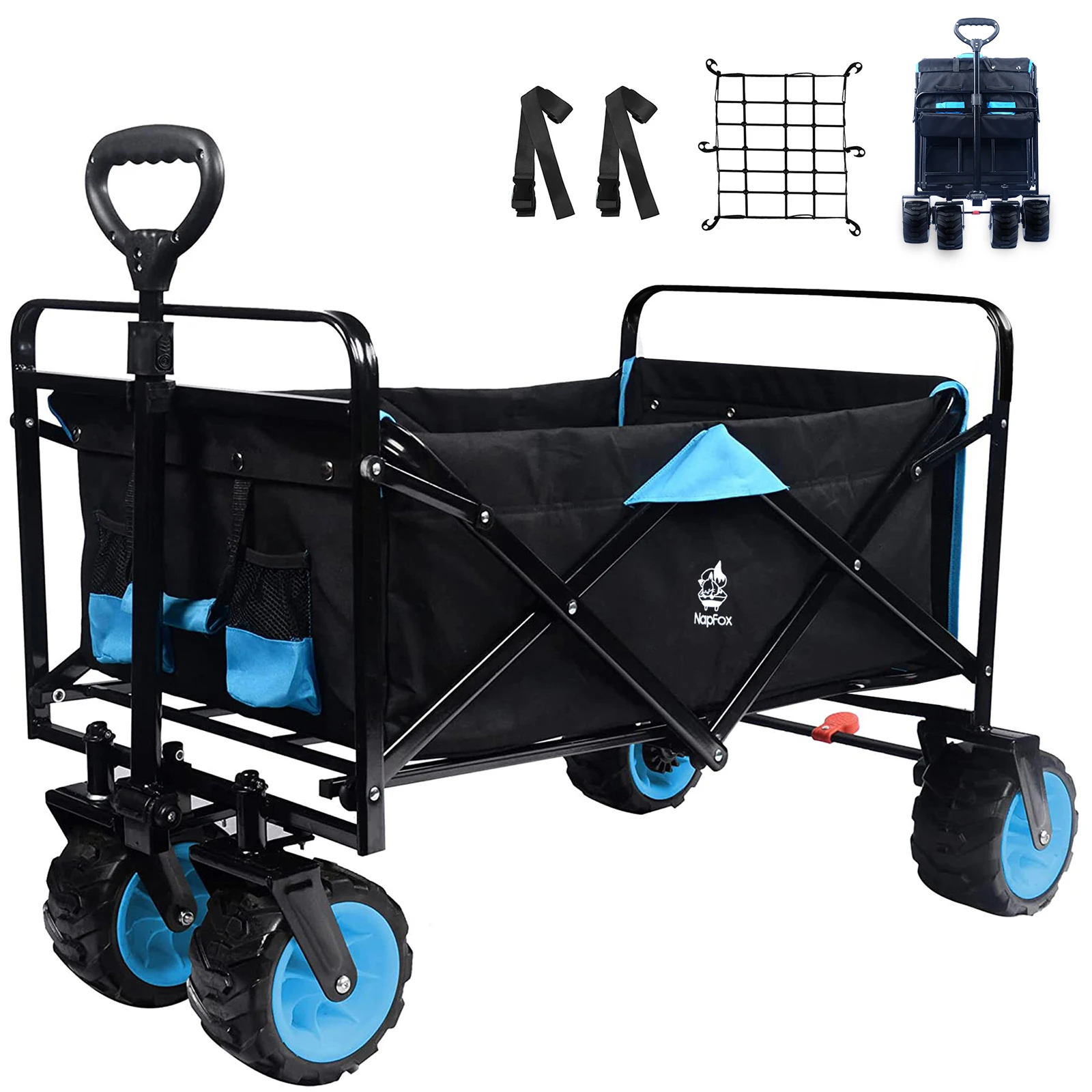 7’’ Big All-Terrain Wheels Wagon Cart Foldable Collapsible Wagon Cart with Wheels, Adjustable Handle, Beach Wagon for Camping