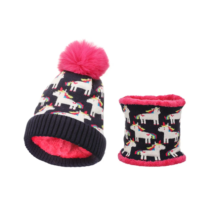 European Winter Knitted Baby Hat Scarf Set Cartoon Unicorn Beanies Girls Warm Pompom Cap Windproof Gorras Kids Crochet Bonnet