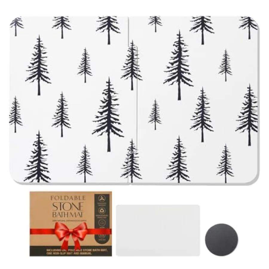 

Christmas Stone Bath Mat - 24x16 Inch Fast Absorbent Large Black and White Christmas Tree Farmhouse Stone Bath Mats for Bathroo