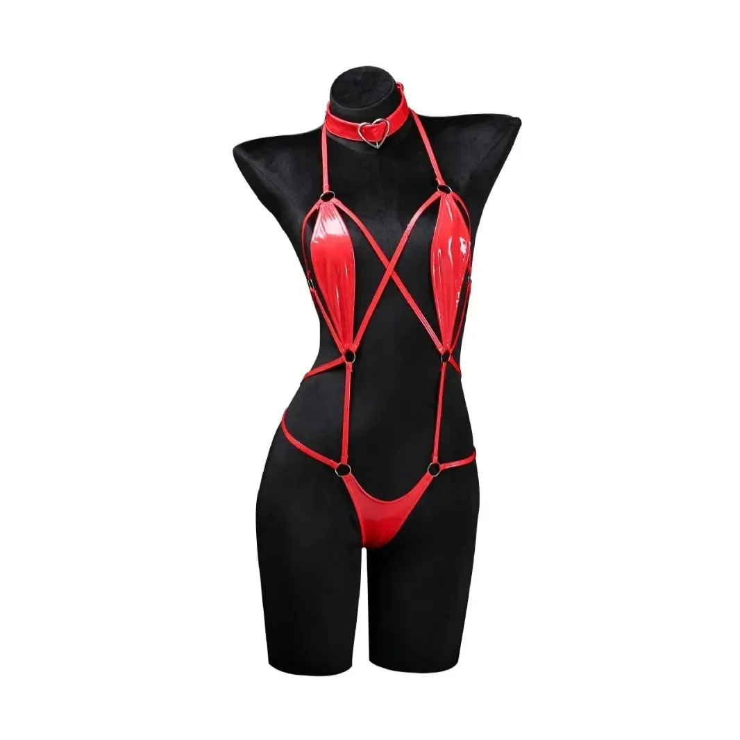 2025 애니메이션 코스프레 소녀 홀터 가죽 수영복 크로스 스트랩 붕대 점프수트 바디수트 란제리 의상 속이 비치는 파자마
