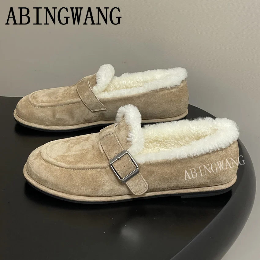 

2025 Autumn Winter New Suede Inside Fur Flats Loafers for Women Slip On Casual Ladies Office Shoes Lazy Shoes Women Warm Shoes