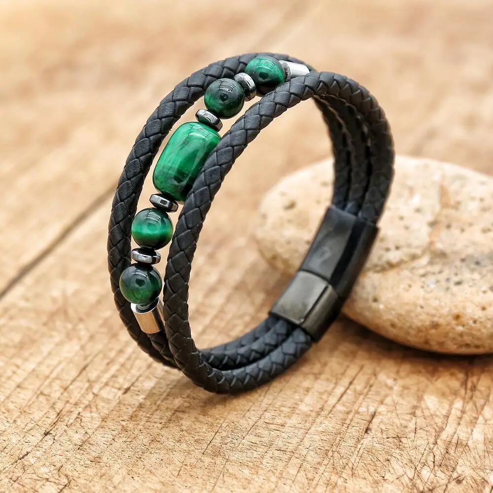 Bracelet en Pierre Naturelle pour Homme, Fait à la Main, Acier Inoxydable, Trois Couches, Oeil de Tigre Vert, Bijoux pour Couple