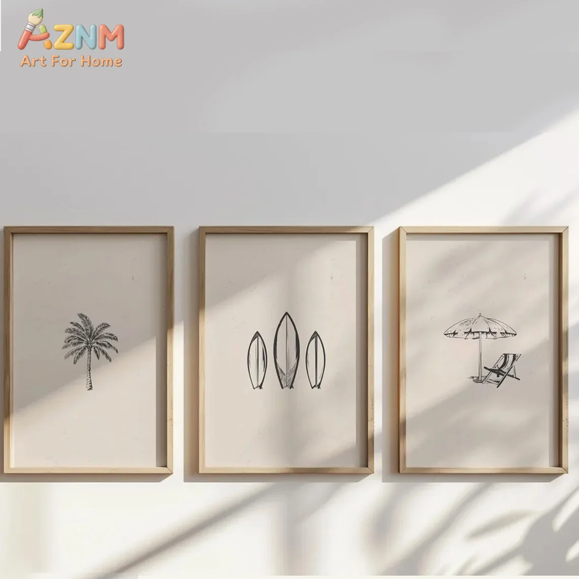 AZNM Boho Beach Line Art Palm Tree Surfboard Beach Chair Umbrella Canvas Wall Art, Neutral Minimalist Coastal Summer Print Poste