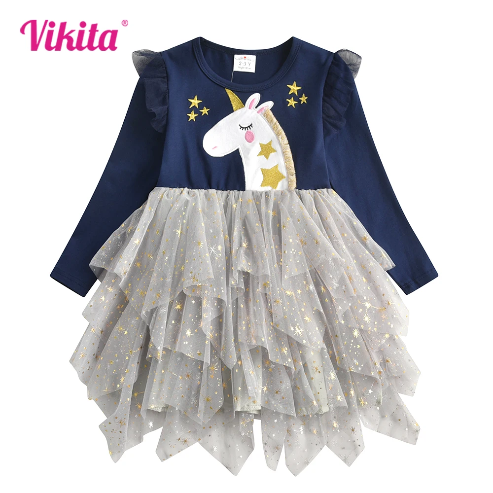 VIKITA Kids Autumn Spring Dress Girls Unicorn Star Appliqued Flare Sleeve Dress Kids Irregular Layered Birthday Party Dresses