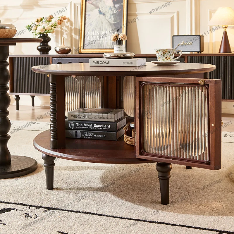 Francês retro madeira maciça mesa de centro sala de estar multifuncional pequeno apartamento armazenamento mesa redonda