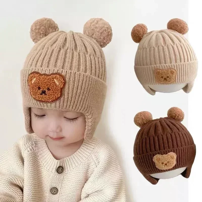 

Cute Bear Knitted Baby Cap With Earflaps Pompom Kids Hat Beanie Warm Autumn Winter Boys Girls Ear Protection Bonnet Caps