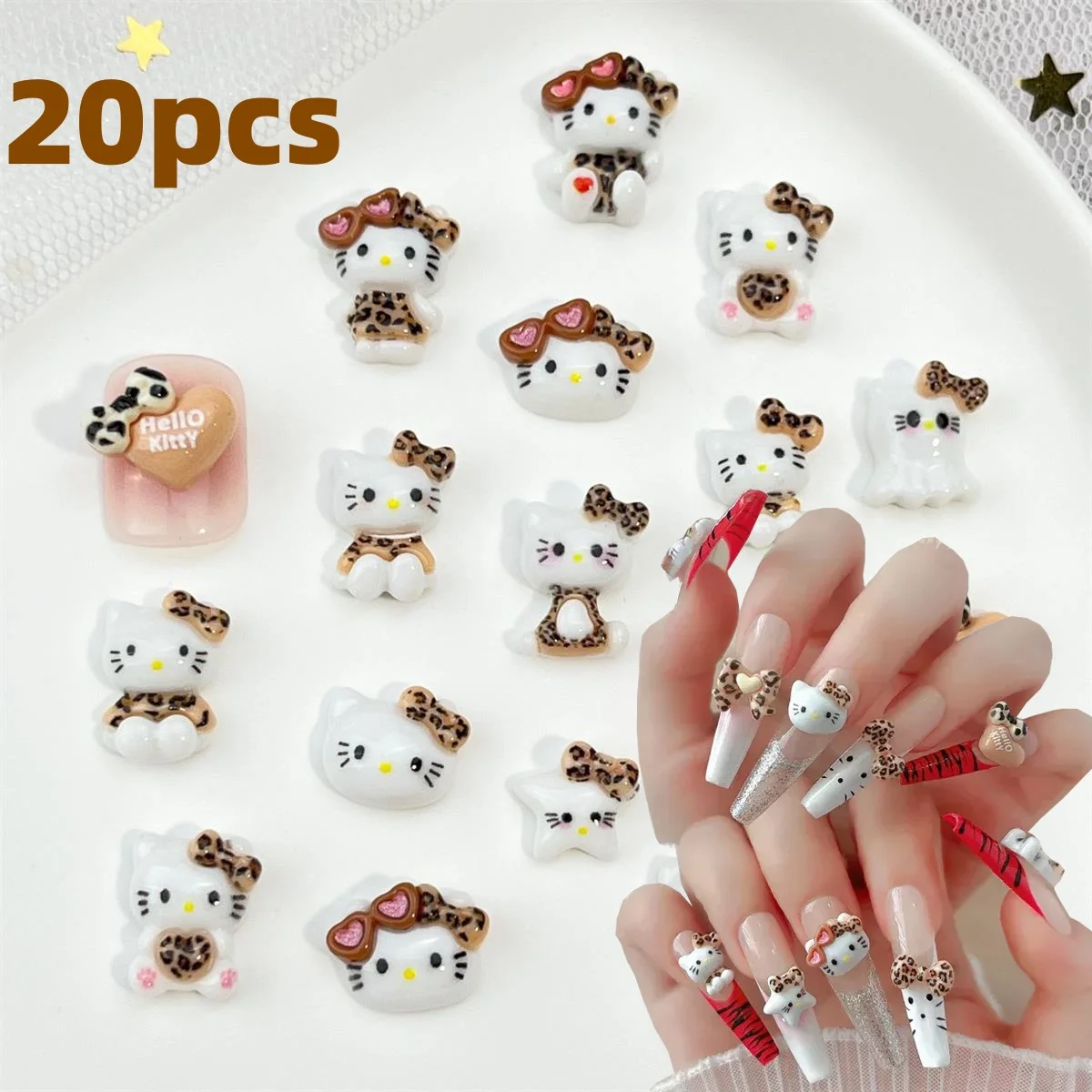 20pcs MINISO Hello Kitty & Friends Nail Charms Cute Cartoon Cat/Leopard Print/Bowknot Designs for Creative DIY Manicure Decors *