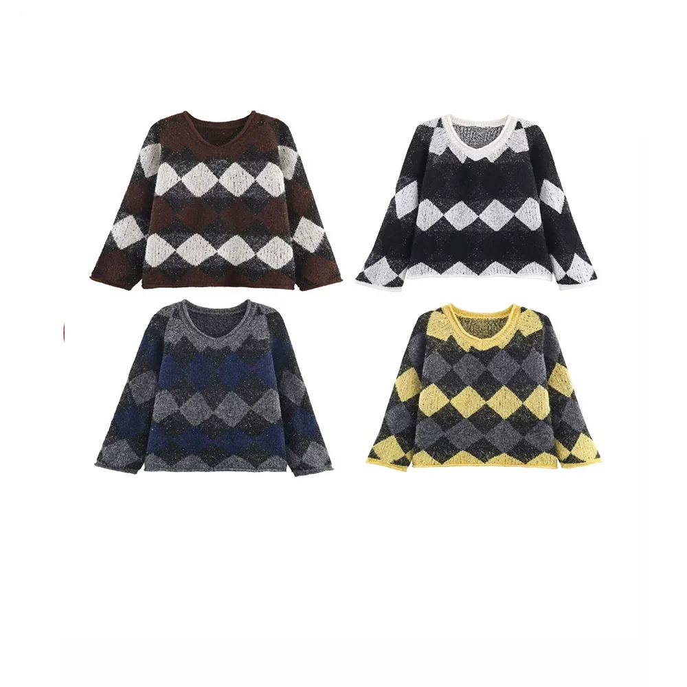 

Autumn and winter new women's fashion versatile design diamond grid pullover knitted sweater