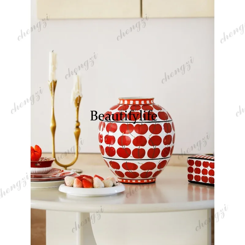 A95 red round mouth vase hand-painted ceramic living room entrance dining table with flowers decorative flower utensils