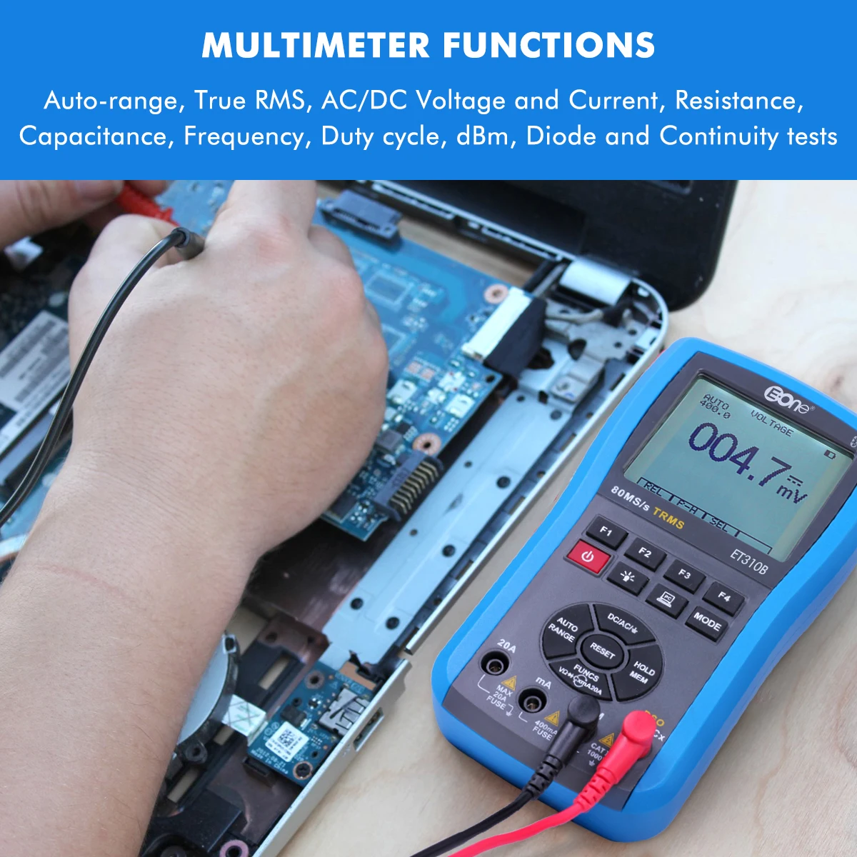 

ET310B Oscilloscope Multimeter 2in1 Scopemeter DSO 80MSa/s 20MHz Bandwidth Kit AC/DC DMM Bluethooth Wireless Design 10MΩ Input