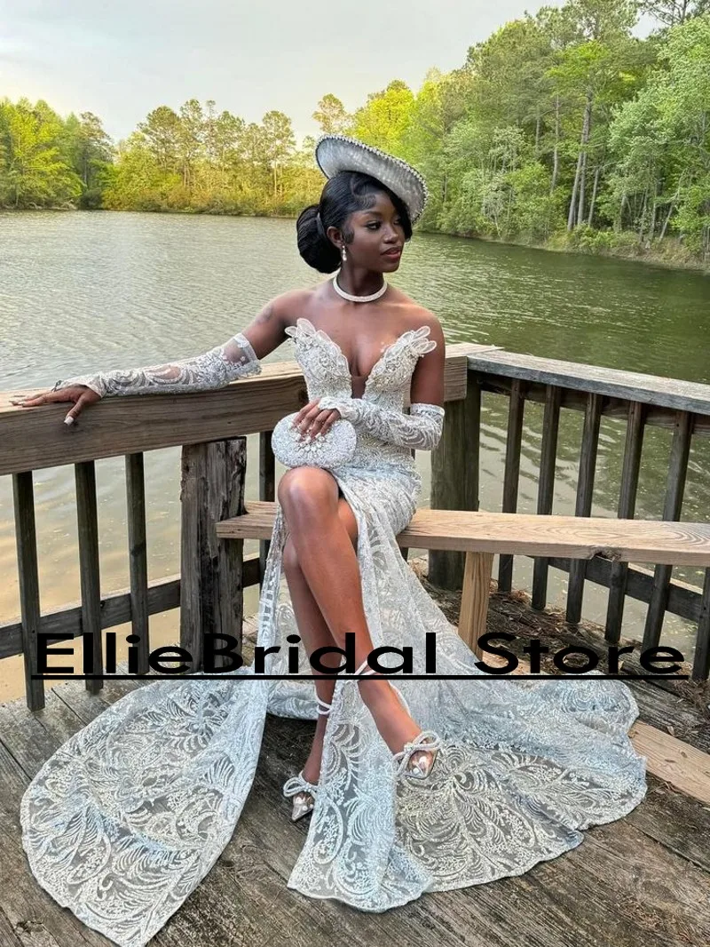 Luxury Silver Prom Dresses For Black Girls Sequin Split Mermaid Evening Gowns O-Neck robe soirée Long Party Dress Customized