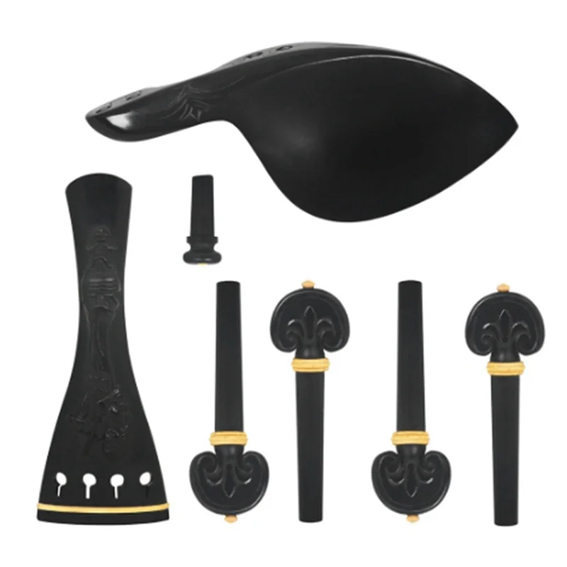 

ABJM-Hand Carved Ebony Violin Replacement Parts Accessories 4 Piece Set With Relief Flower Tailpiece, Pegs, Chinrest, And Endpin