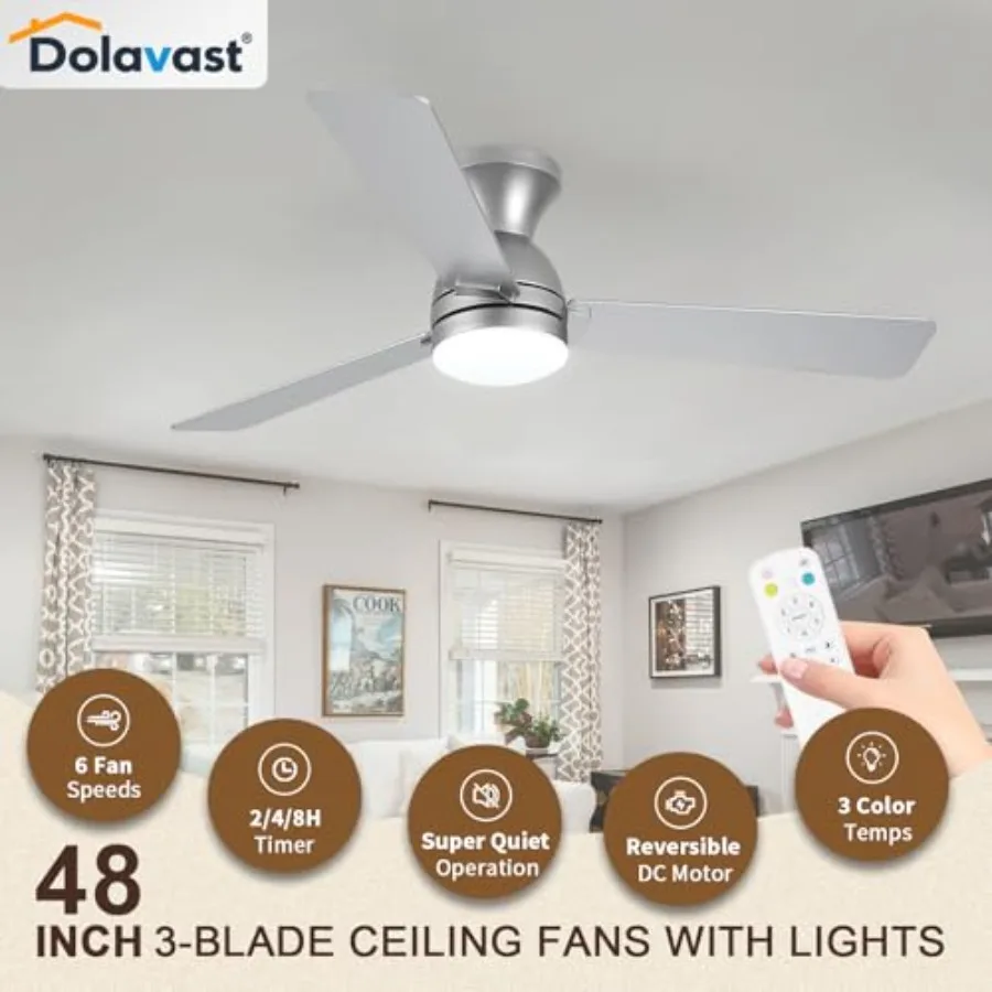 Ceiling Fans with Lights for Bedroom Dining Room, Nickel 48 inch Low Profile Flush Mount Fan, Reversible 3CCT Dimmable LED, Noi