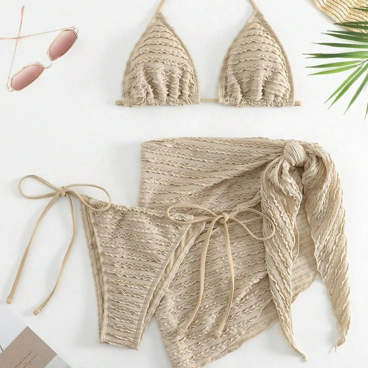 Khaki-Falten-Bademode für Damen, 3-teiliges Bikini-Set, Vertuschung, Mikro-Tanga, sexy Badeanzug, Strandkleidung, String-Neckholder, Triangel-Bikinis