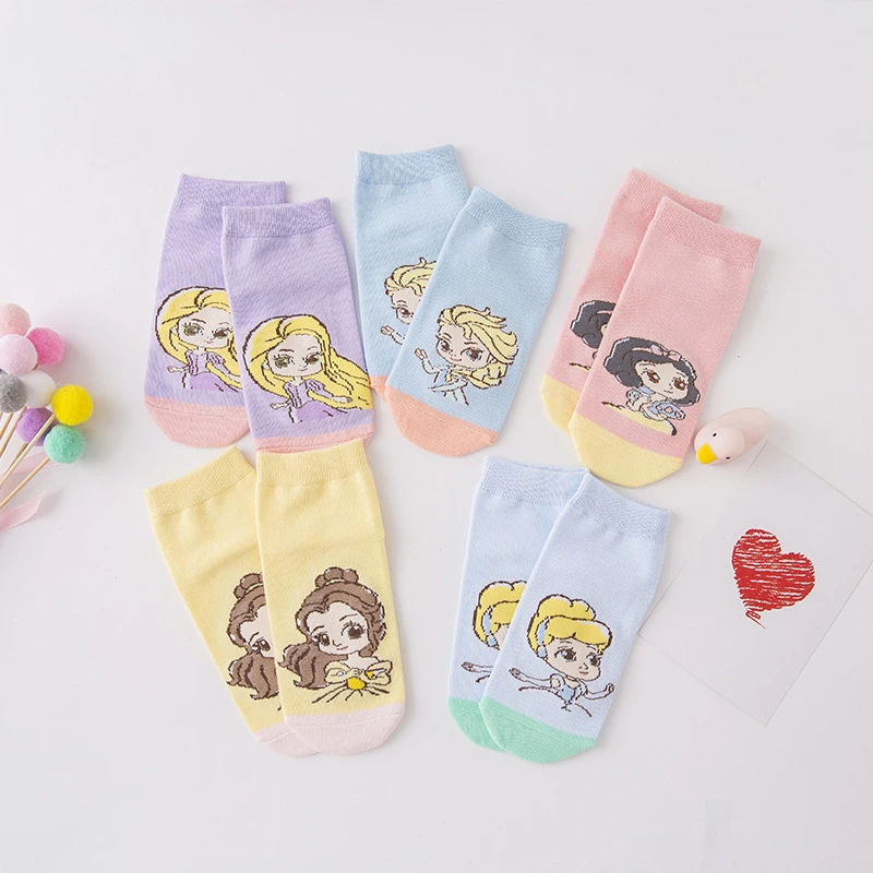 5 Pairs Disney Princess Printed Children's Socks Cute Cartoon Figures Print Short Socks for Girls Lovely Cotton Sock 7-9 Years