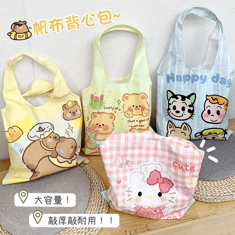 Hello Kitty Cartoon Canvas Bag Female Large Capacity Student Tutoring Bag Handheld Book Bag Single Shoulder Backpack Tank Top