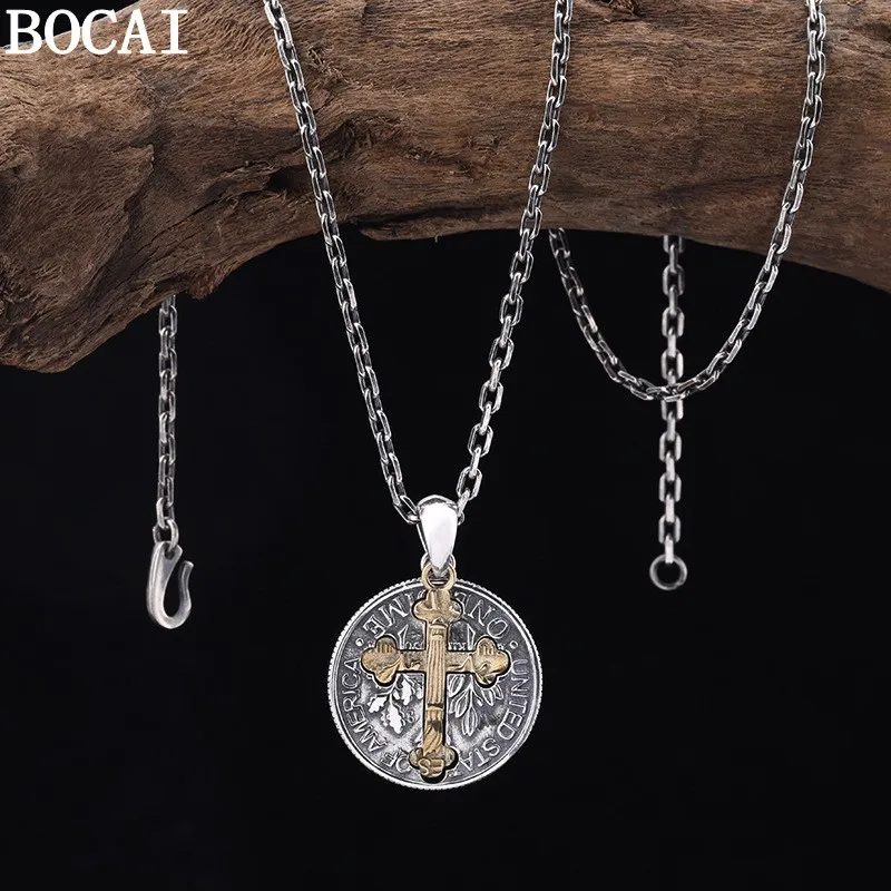BOCAI New s925 Silver Jewelry Vintage Christ Jesus double-sided Cross Pendant Personality Coins Fashion Man Pendant