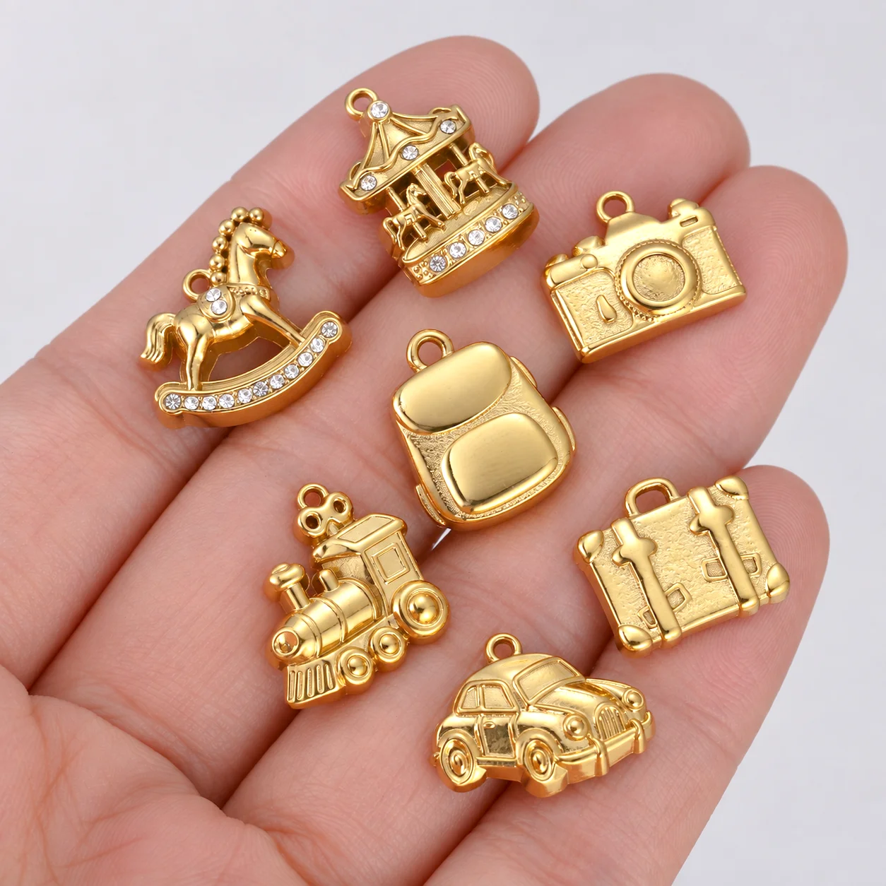 3Pcs Vintage Car/Camera/Train Charms Stainless Steel Rhinestone Rocking Horse/Suitcase Trip Pendants DIY Necklace Jewelry Making
