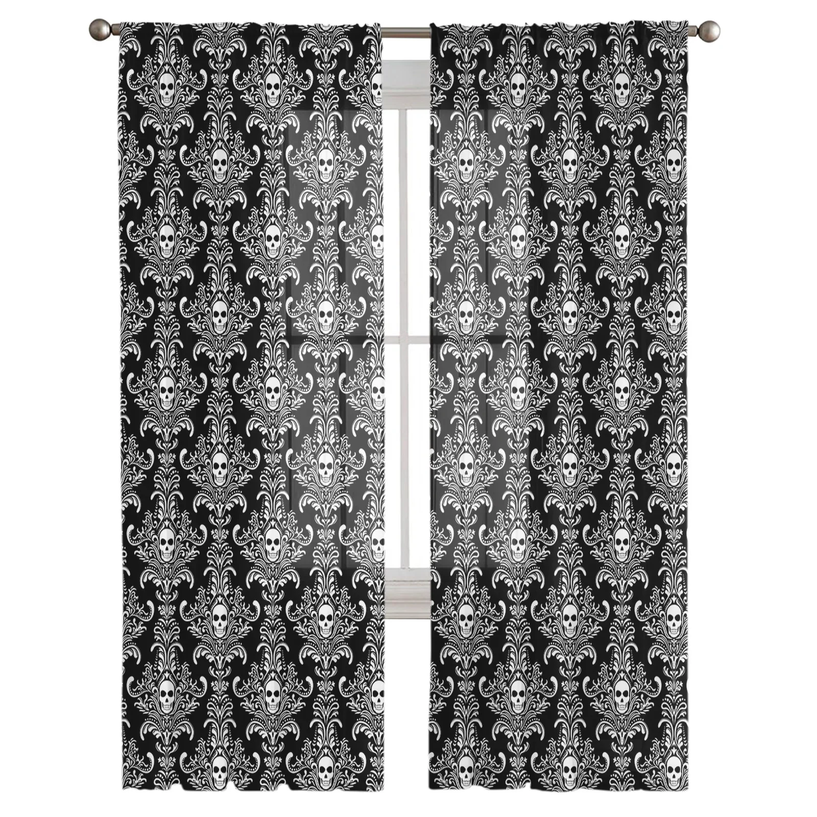 Skull Black White Lace Tulle Voile Curtains For Bedroom Window Curtain For Living Room Sheer Curtains Blinds Organza Drapes