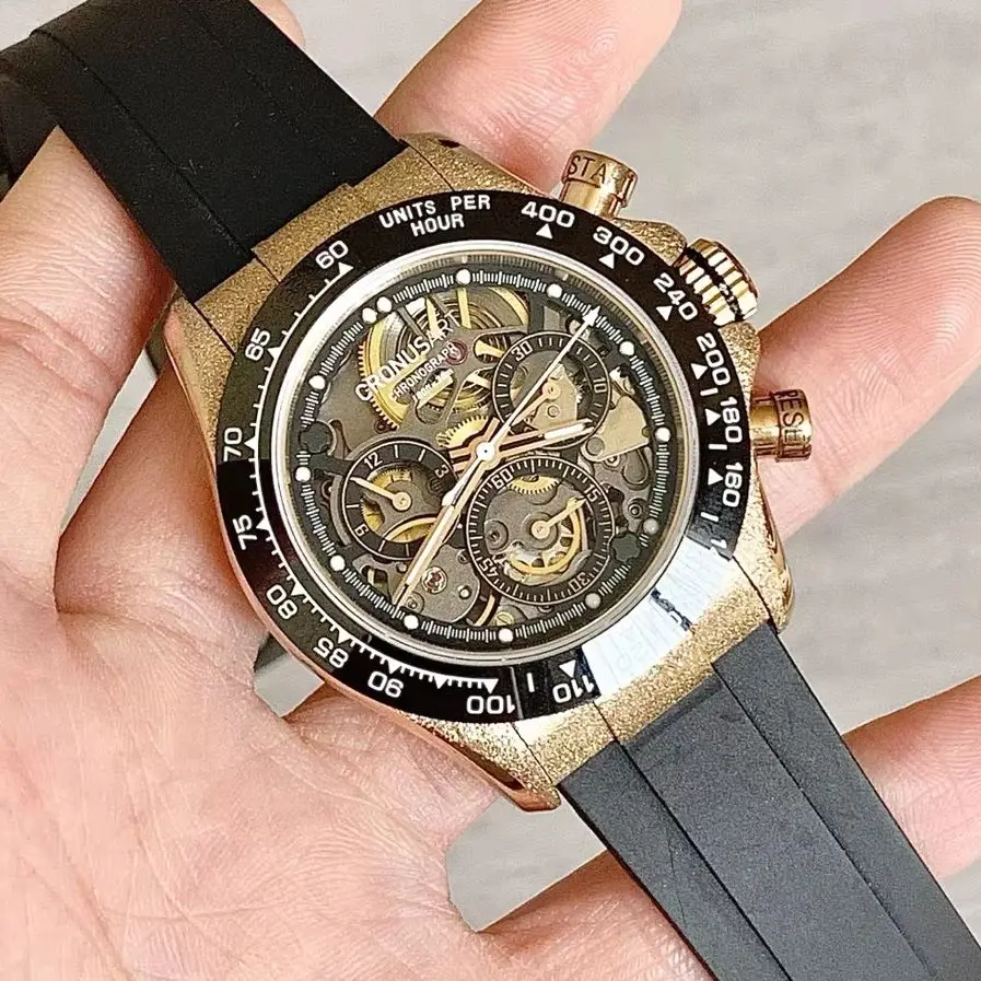 CRONUSART Men Chronograph Watch 42mm Automatic Mechanical Wristwatch Luminous Sapphire Skeleton Fluororubber Strap Ceramic Bezel
