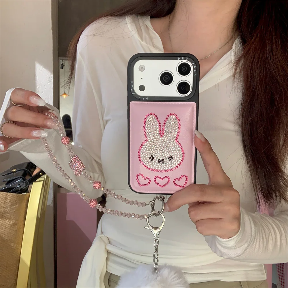 

Luxury diamond rabbit fashion leather phone case for iPhone 17 Pro 16 Pro Max 13 14 15 Fundas cute new protective cover For 17