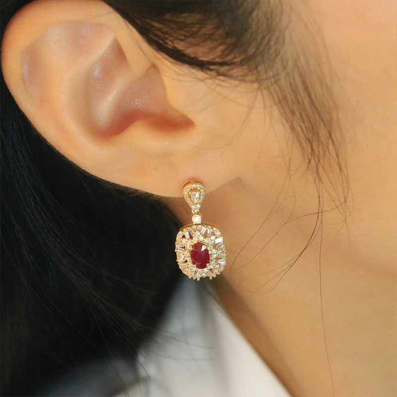 Aazuo Fine Jewelry 18k Yellow Gold Natural Ruby Diamond Square Shape Stud Earrings Gifted For Women Engagement Wedding Party