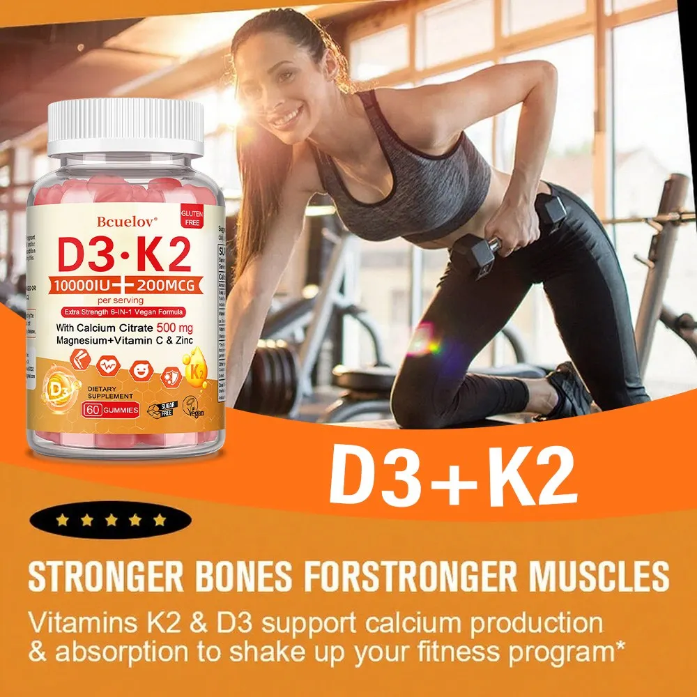 Vitamin D3 and K2 Gummies 10000IU with Calcium Citrate, Magnesium, Vitamin C and Zinc - Extra Strength, Vegan, Sugar Free