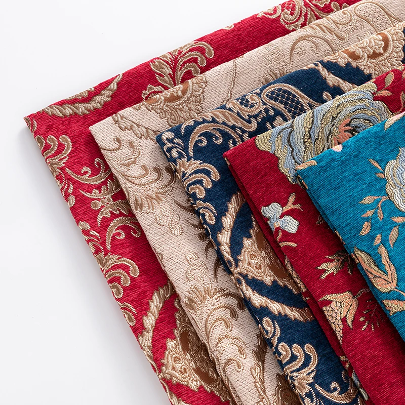 Jacquard Chenille Fabric By The Meter for Sofa Covers Cushions Tablecloth Sewing Thickened Cloth Flower Blue Red Fashion Textile