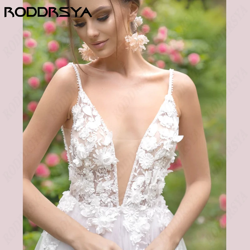 RODDRSYA Beach Lace Appliques Wedding Dress Tulle 3D Flowers Bridal Gown Spaghetti Straps High Split Vestido De Novia Customized